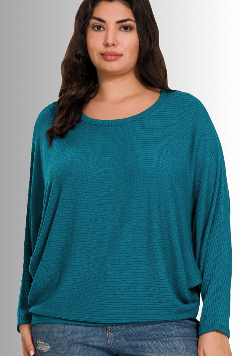 Spread your wings and fly with this batwing ribbed lightweight sweater in teal!