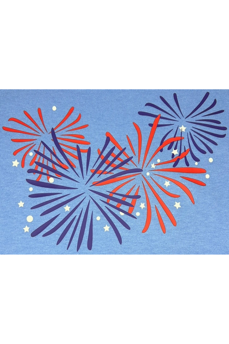 Fourth of July graphic tee, fireworks, gildan ladies eco-friendly relaxed fit