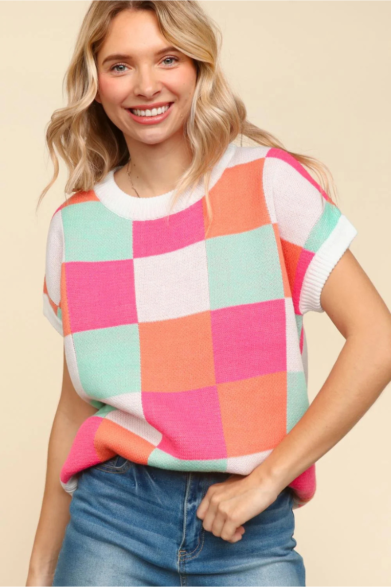 eco-friendly short sleeve sweater knit checkered pattern dolman