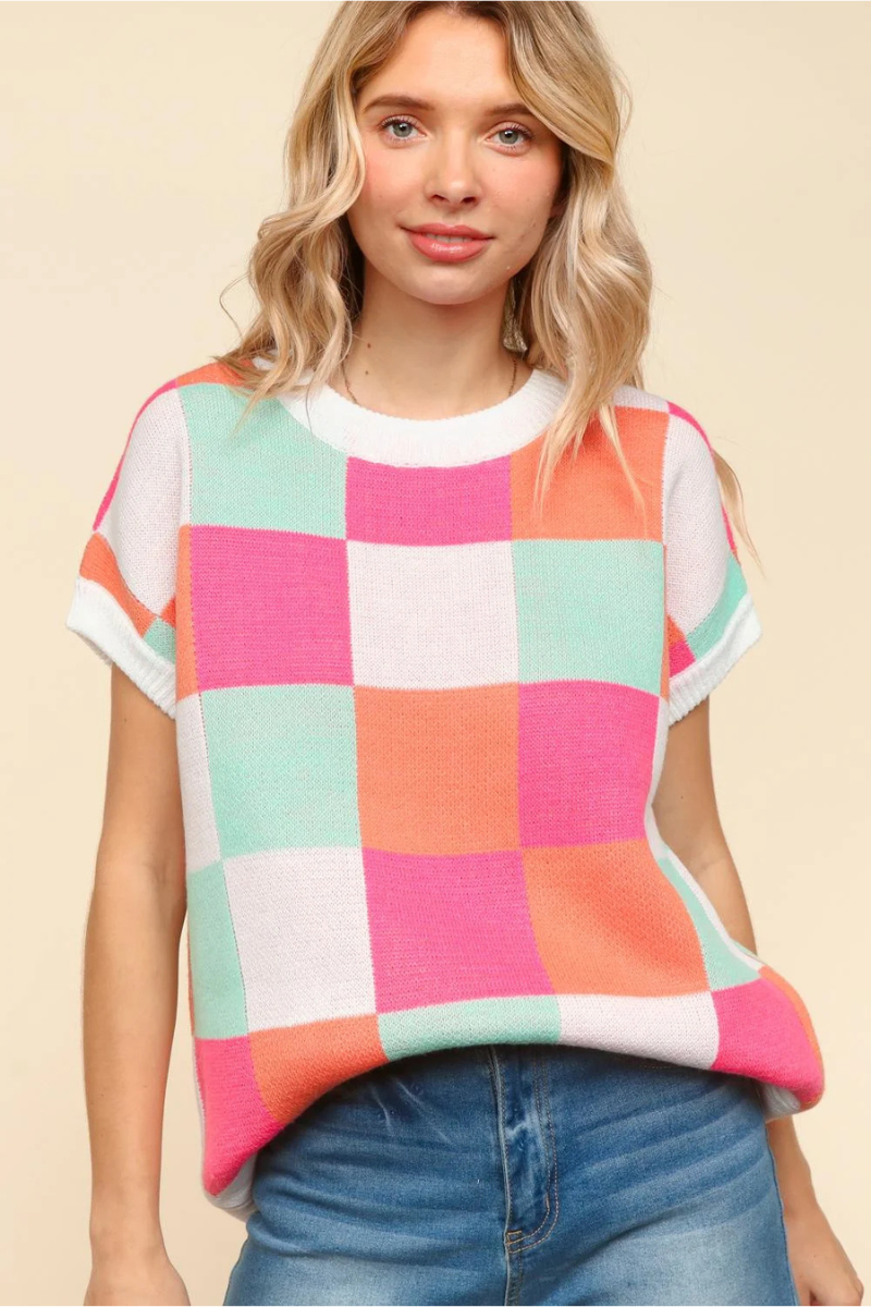 eco-friendly short sleeve sweater knit checkered pattern dolman