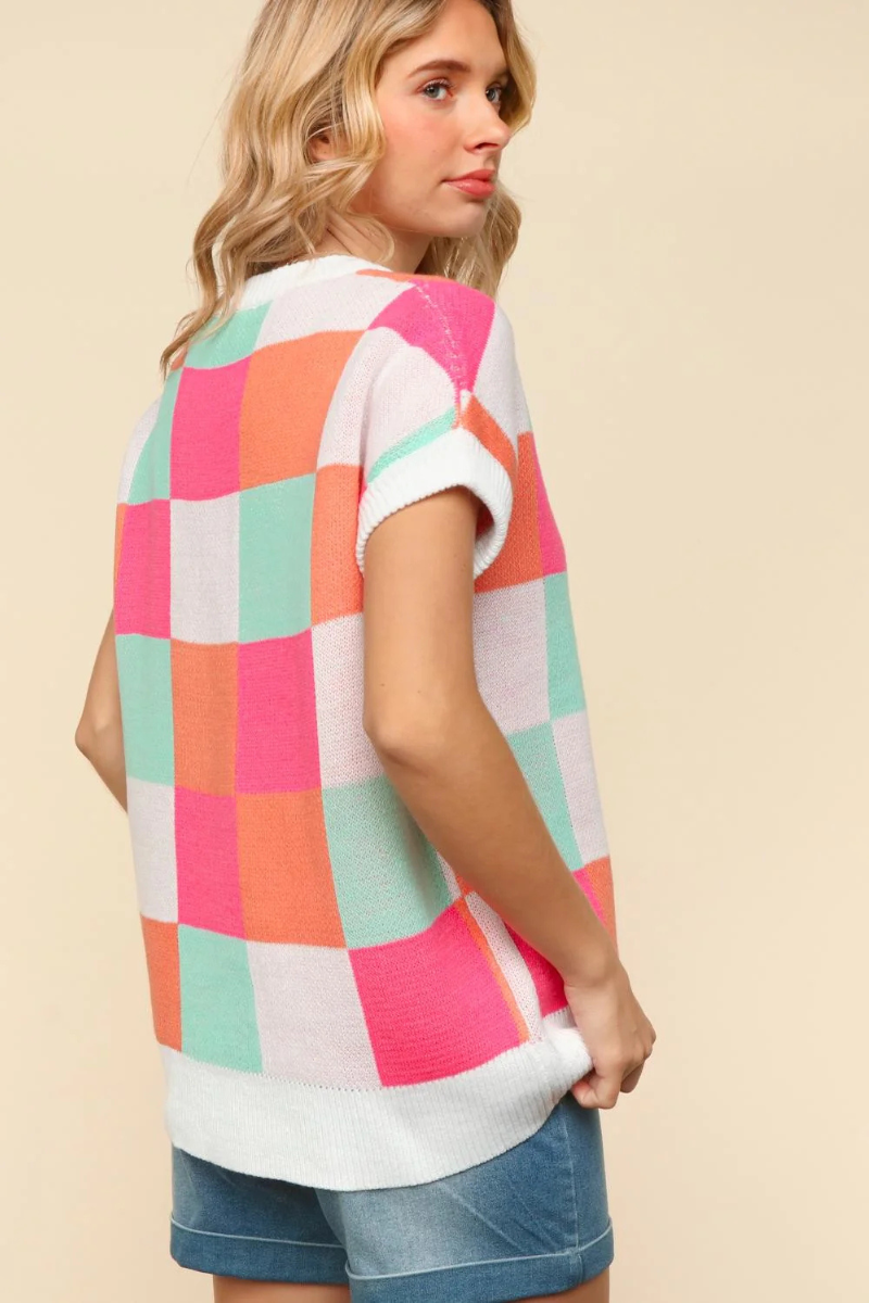eco-friendly short sleeve sweater knit checkered pattern dolman