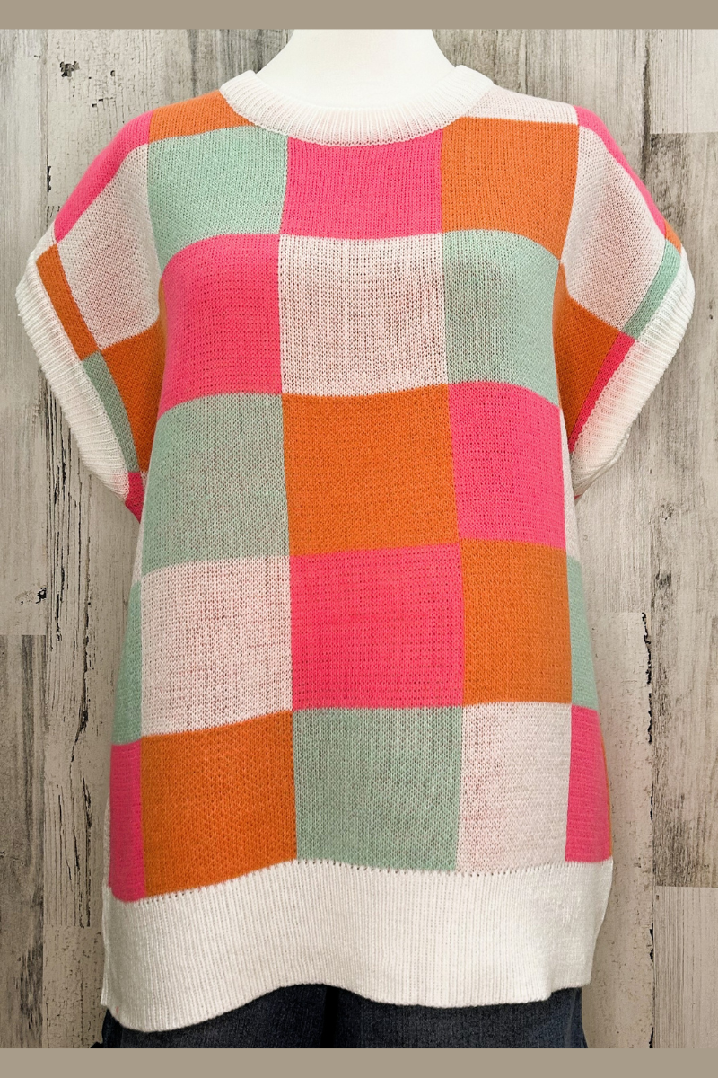 eco-friendly short sleeve sweater knit checkered pattern dolman