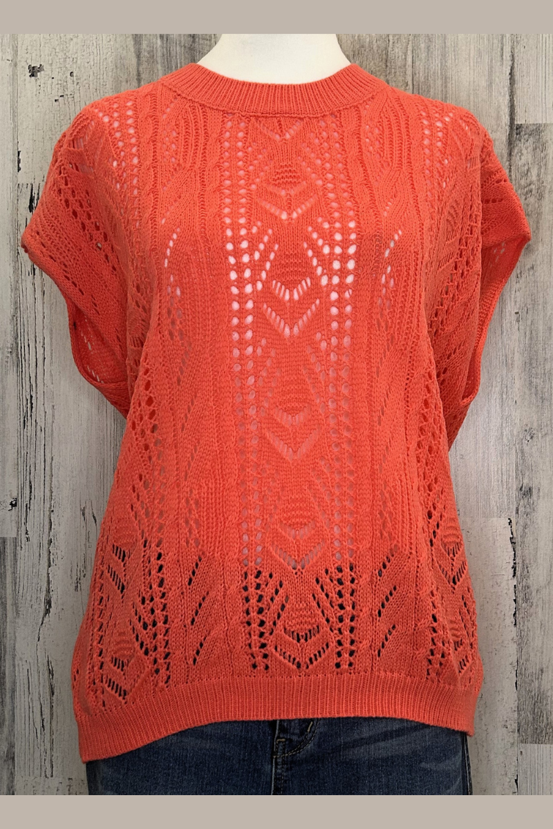 eco-friendly crocheted capped sleeve top in coral