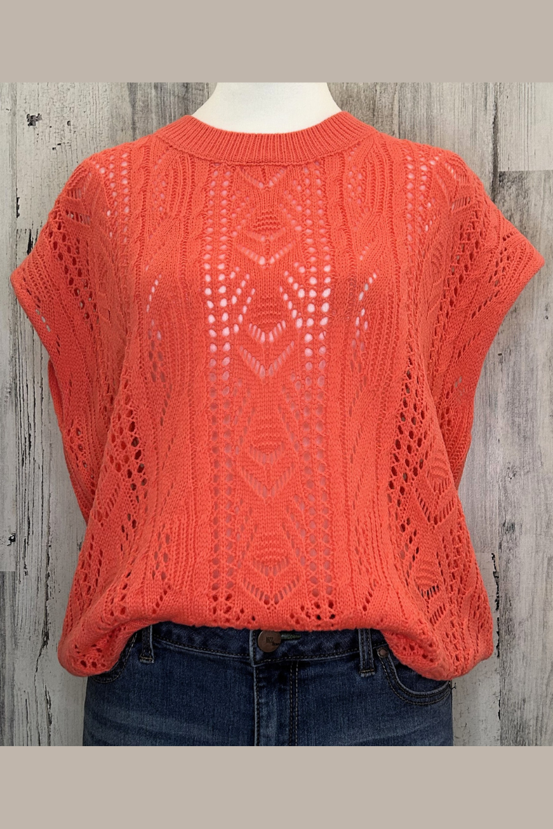 eco-friendly crocheted capped sleeve top in coral