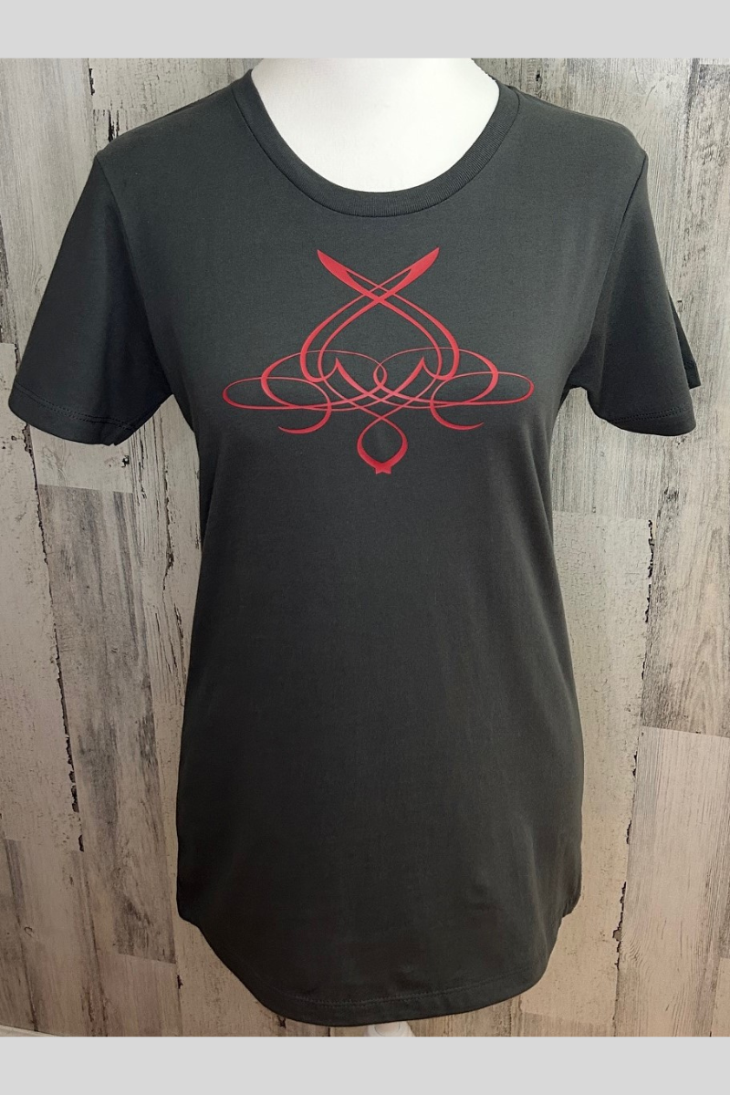 sustainable fitted tee, Next Level Apparel heavy metal with custom maroon design