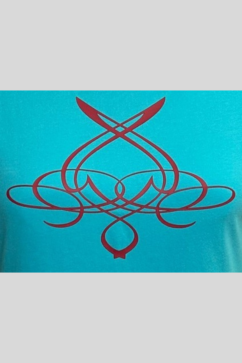 sustainable fitted tee, Next Level Apparel in tahiti blue with custom maroon design