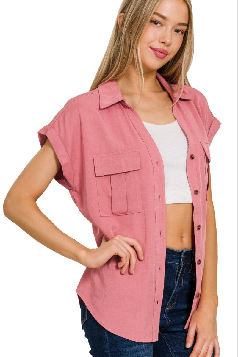Sustainable button down dusty rose blouse with flap pockets from Zenana (made with TENCEL fabric).