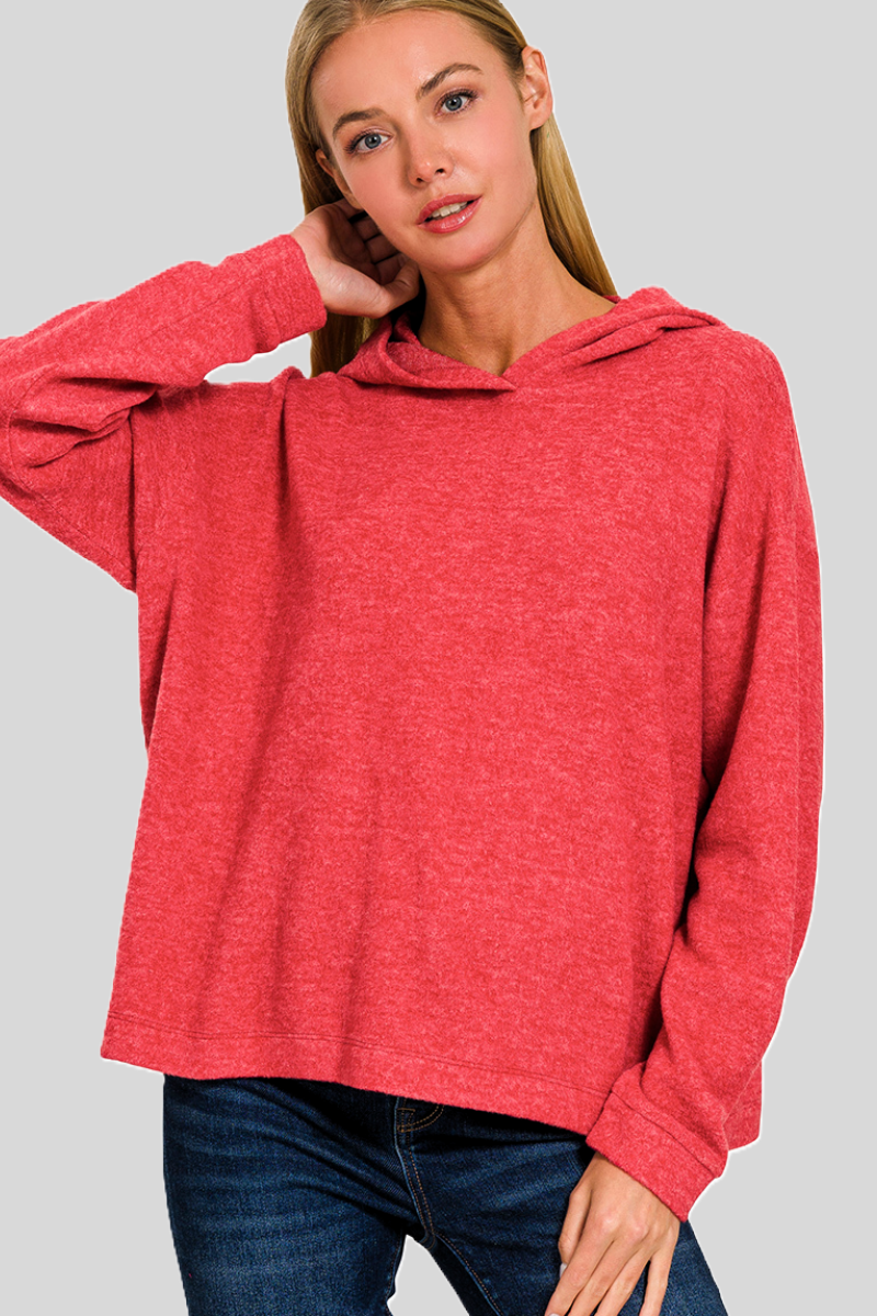 eco-friendly sustainable hacci knit melange hooded sweater in red - superior softness!
