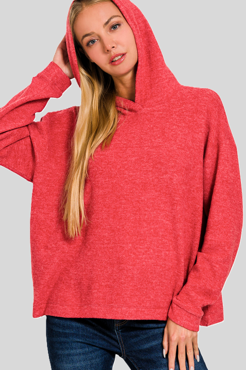 eco-friendly sustainable hacci knit melange hooded sweater in red - superior softness!