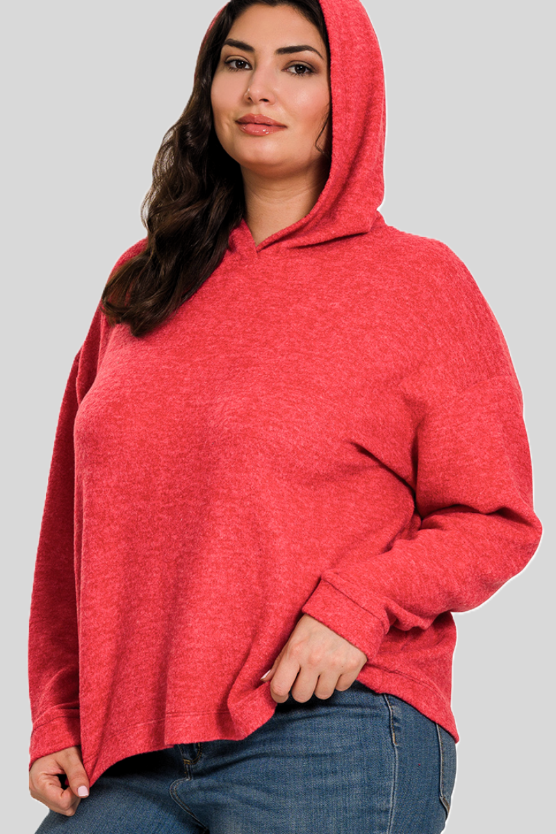 eco-friendly sustainable hacci knit melange hooded sweater in red - superior softness!