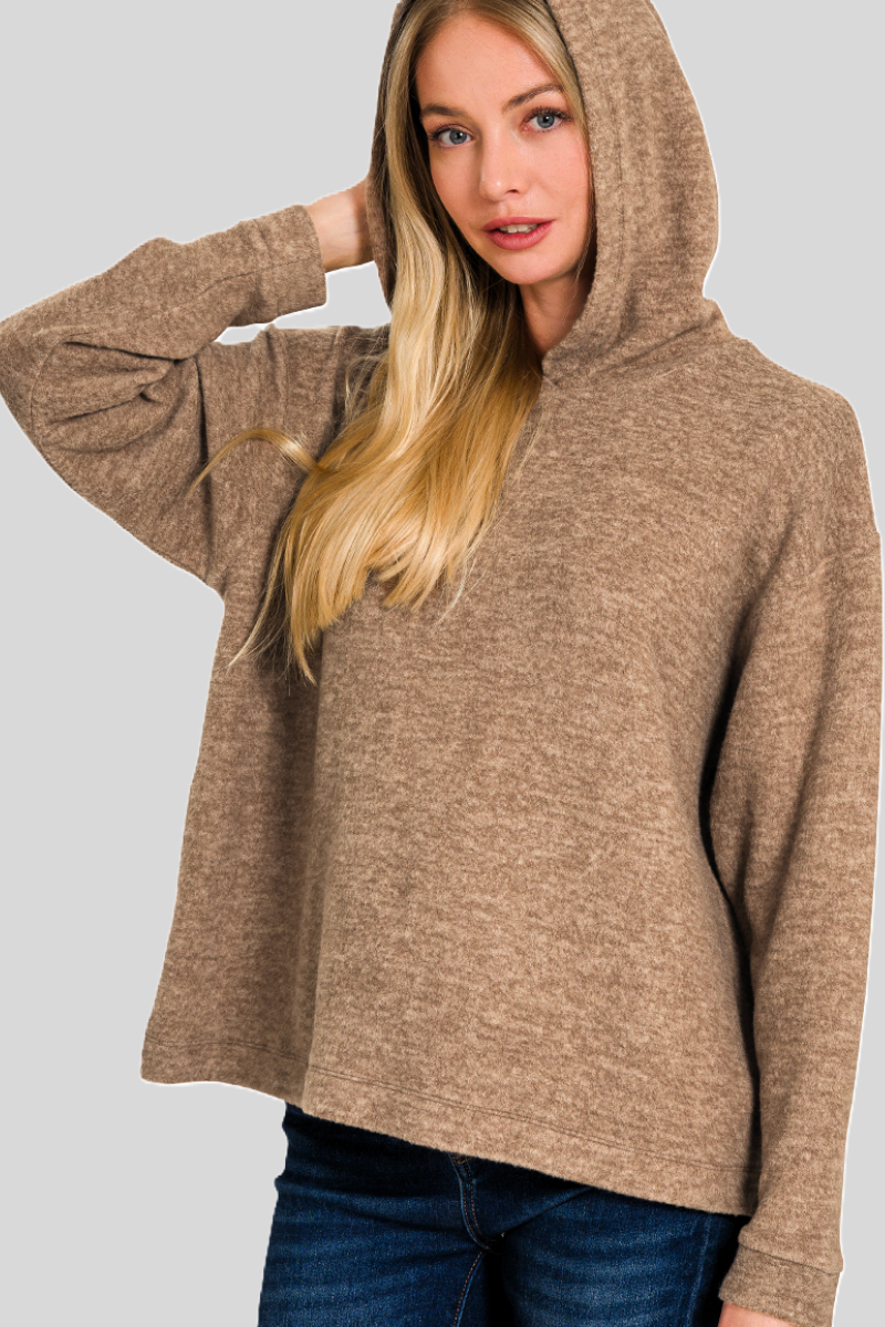 eco-friendly sustainable hacci knit melange hooded sweater in mocha color - superior softness!