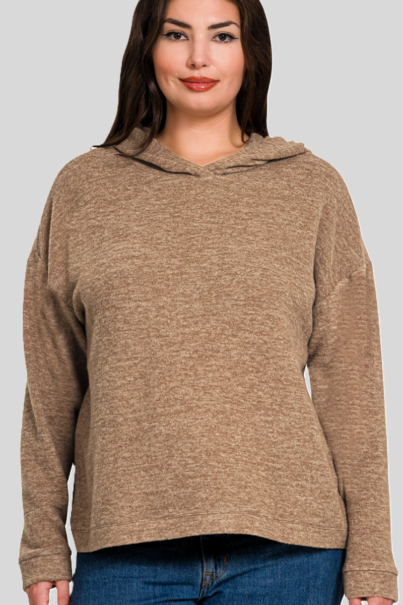eco-friendly sustainable hacci knit melange hooded sweater in mocha color - superior softness!