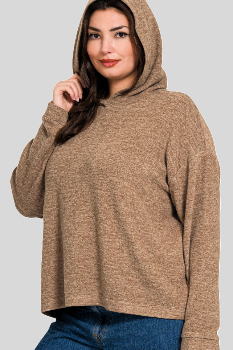 eco-friendly sustainable hacci knit melange hooded sweater in mocha color - superior softness!