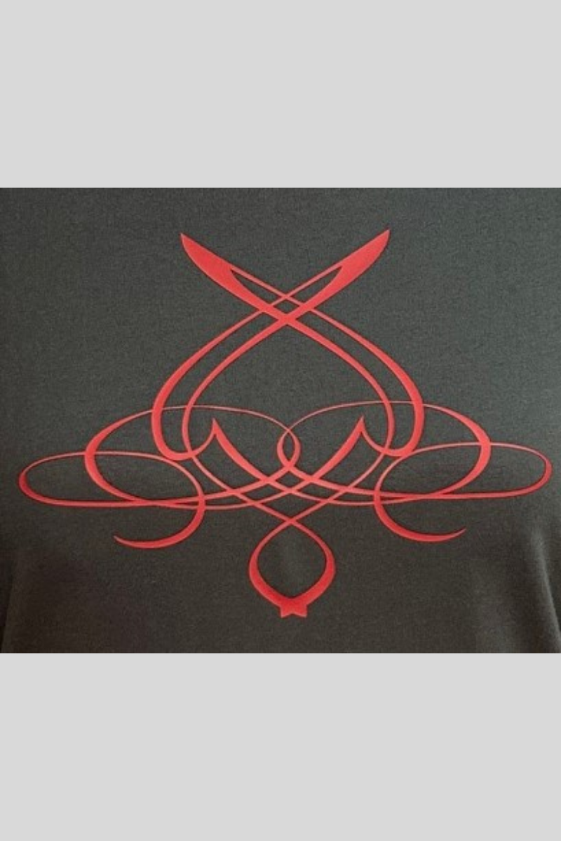 sustainable fitted tee, Next Level Apparel heavy metal with custom maroon design