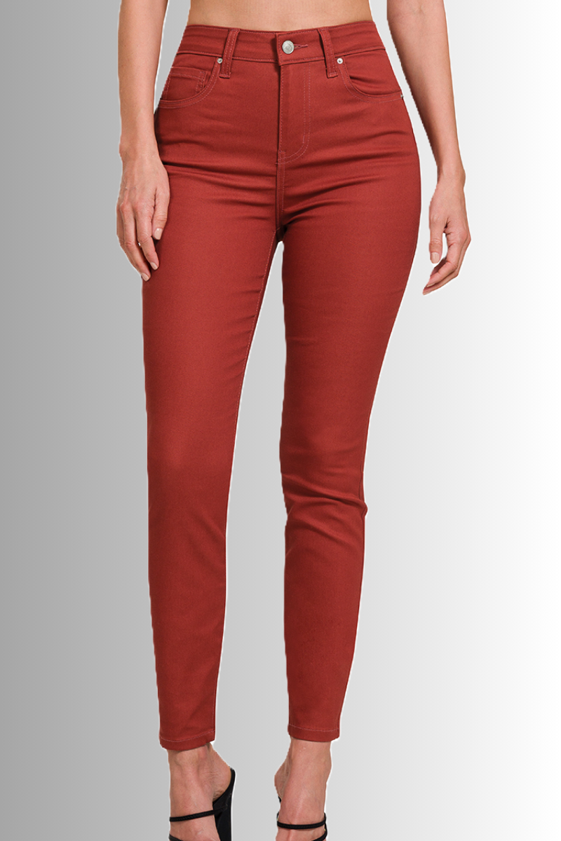 Sustainable high rise skinny leg pants in rust color