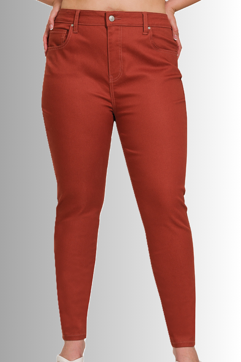 Sustainable high rise skinny leg pants in rust color