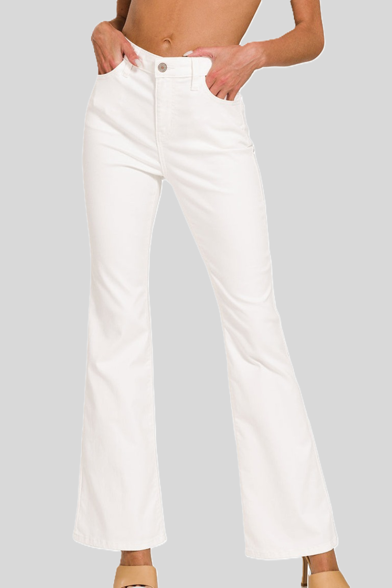 Sustainable Zenana high-rise bootcut ivory pants.
