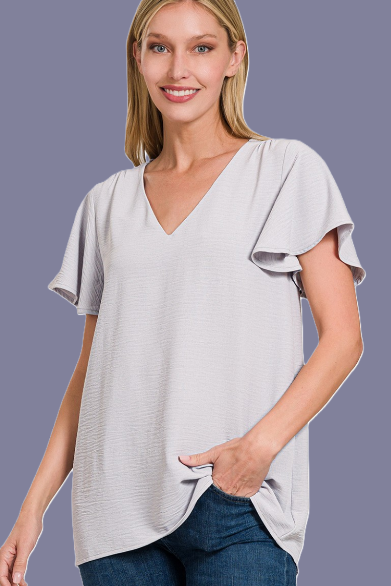 eco-friendly flutter sleeve V-neck top in light grey
