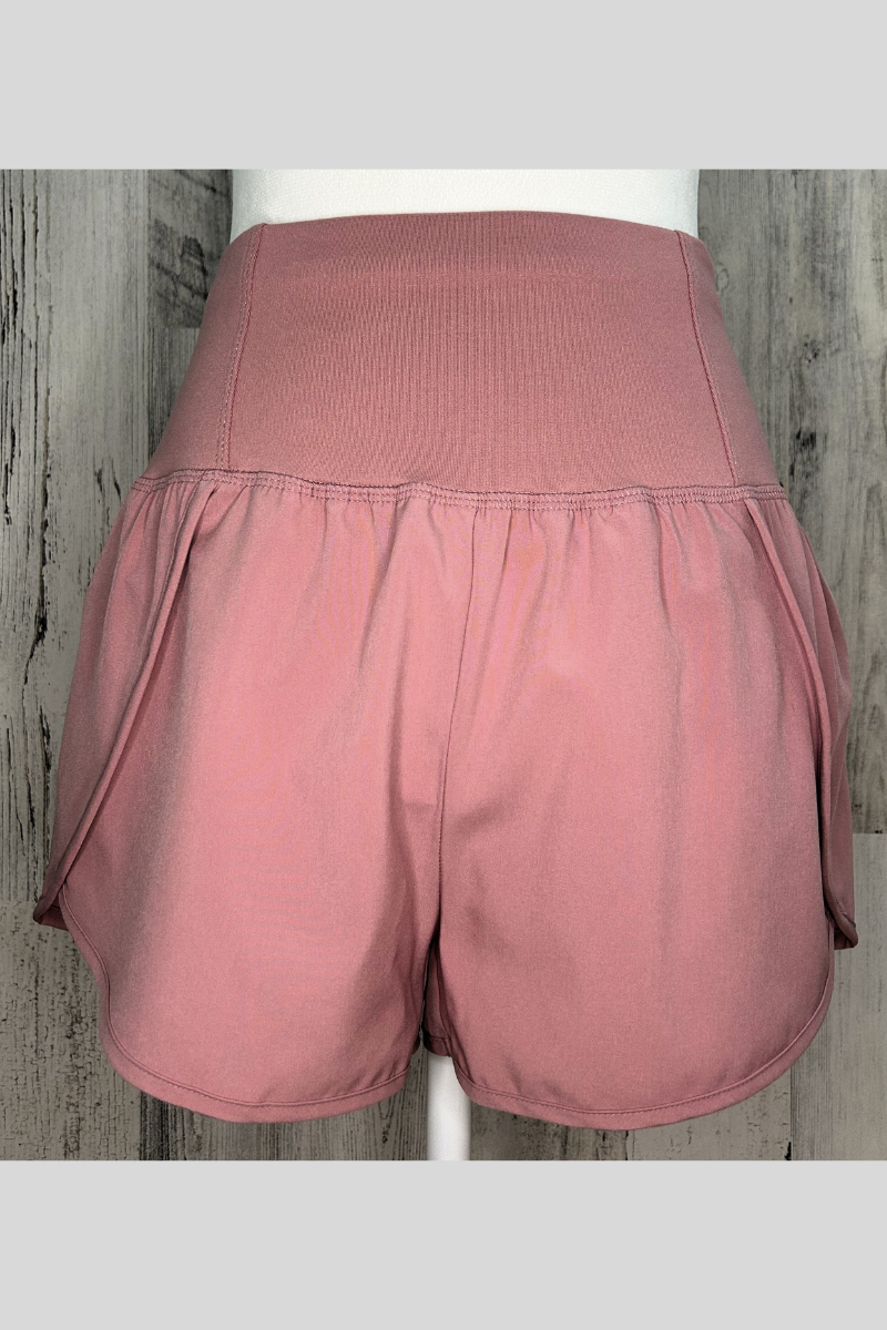 light rose high waistband lined running shorts with back zipper pocket, relaxed fit