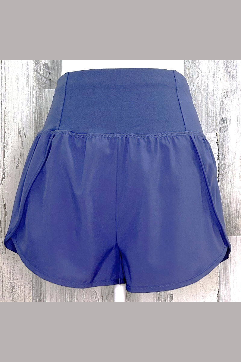 high waisted marlin blue running shorts with zippered back pocket and inner lining