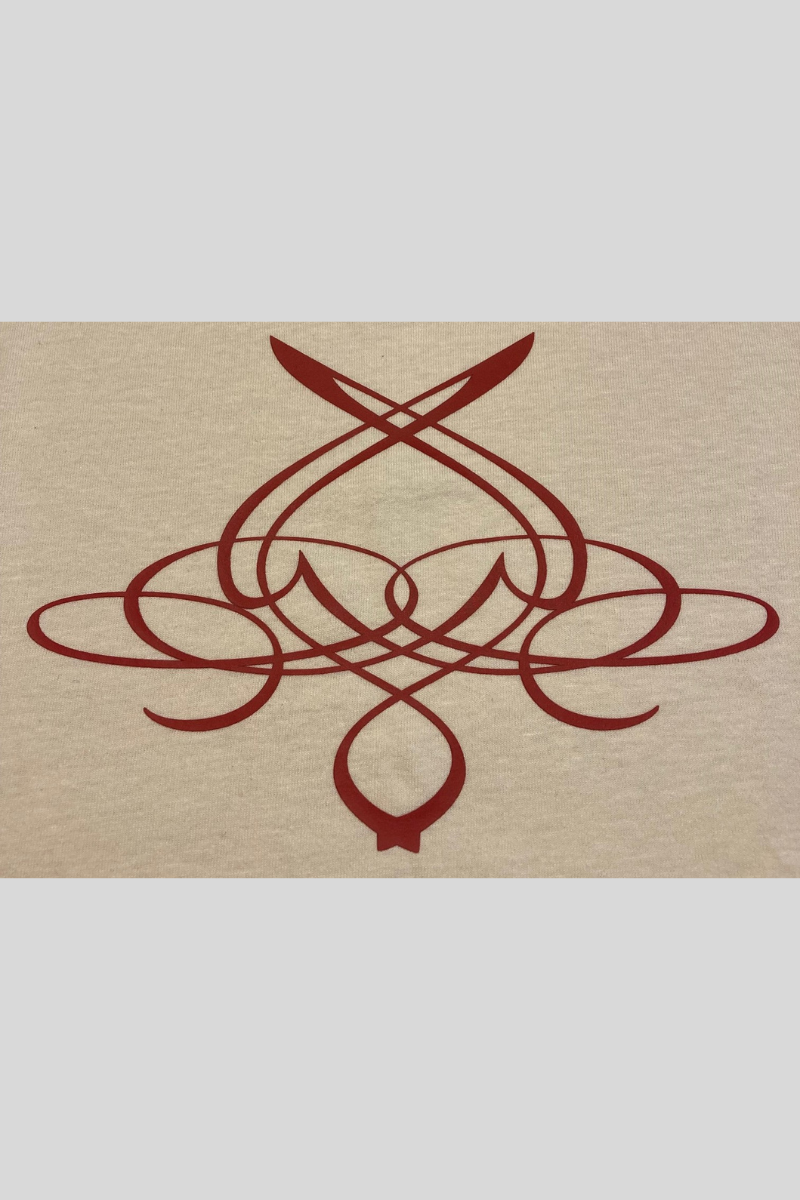 sustainable fitted tee, Next Level Apparel in natural with custom maroon design