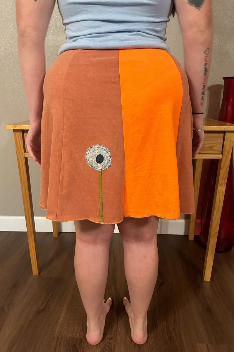 handmade skirt with applique, pattern poppy, upcycled cotton