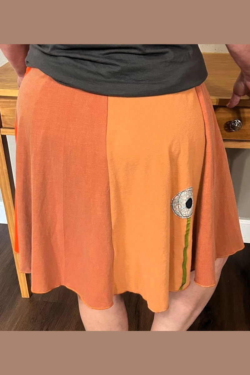 handmade skirt with applique, pattern poppy, upcycled cotton