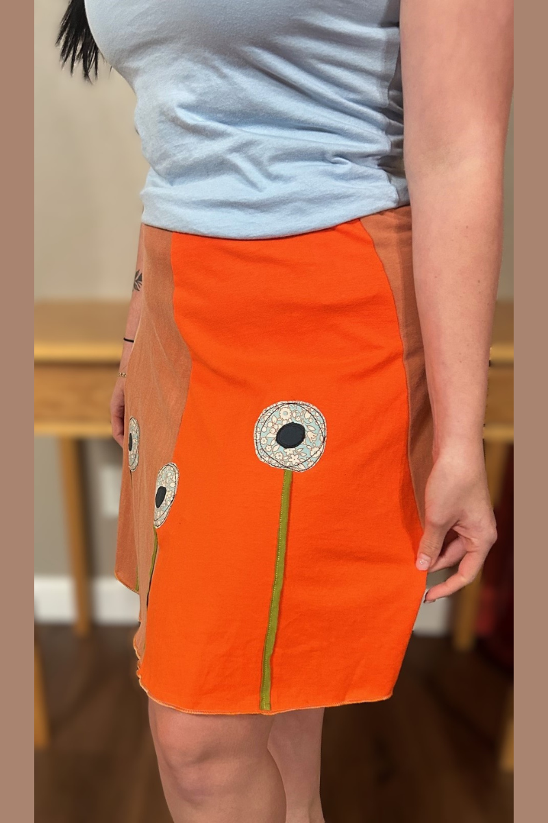 handmade skirt with applique, pattern poppy, upcycled cotton