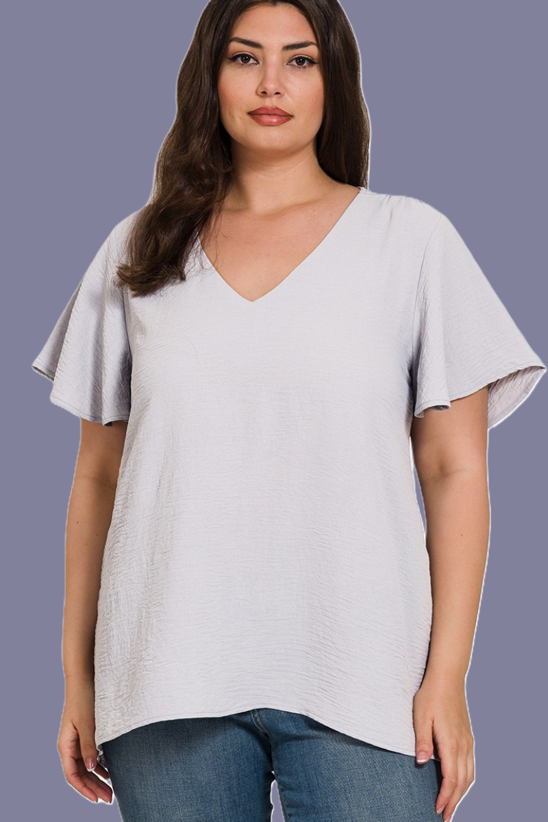 eco-friendly flutter sleeve V-neck top in light grey