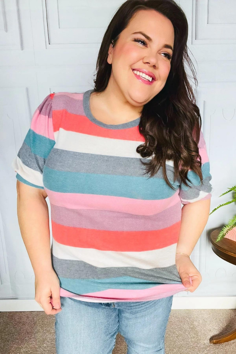 hacci knit teal and rose striped top with balloon sleeves, super soft for all day comfort