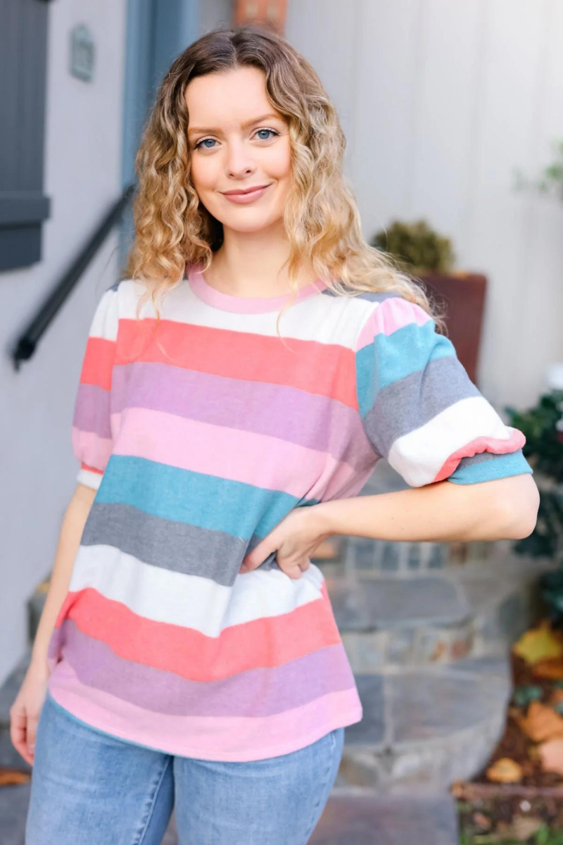 hacci knit teal and rose striped top with balloon sleeves, super soft for all day comfort