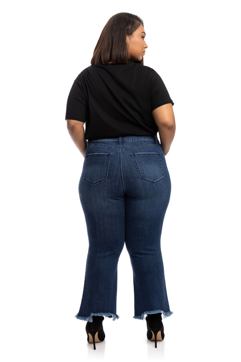 Plus size sustainable denim jeans with adorable demi boot sharkbite hem - 1822 Denim "Grayden"