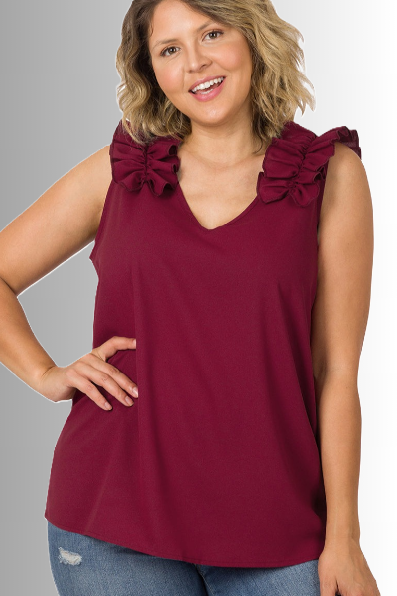 Eco-Vino Dobby Ruffle Sleeveless Top
