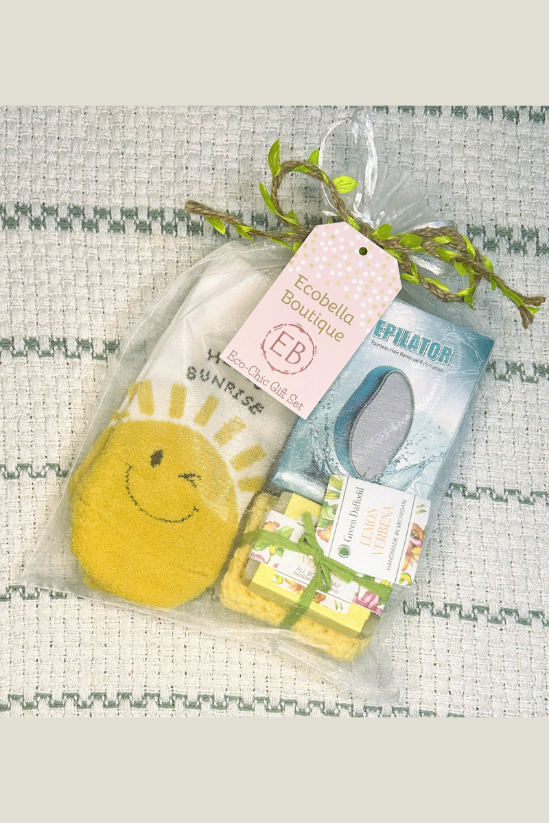 ecofriendly sustainable spa gift set with socks, epilator, handmade soap, and crocheted washcloth