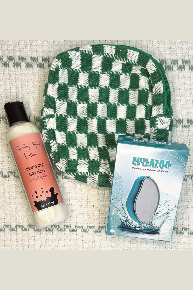 ecofriendly sustainable spa gift set with checkered travel bag, epilator (reusable hair remover), and handmade scented lotion made with essential oils