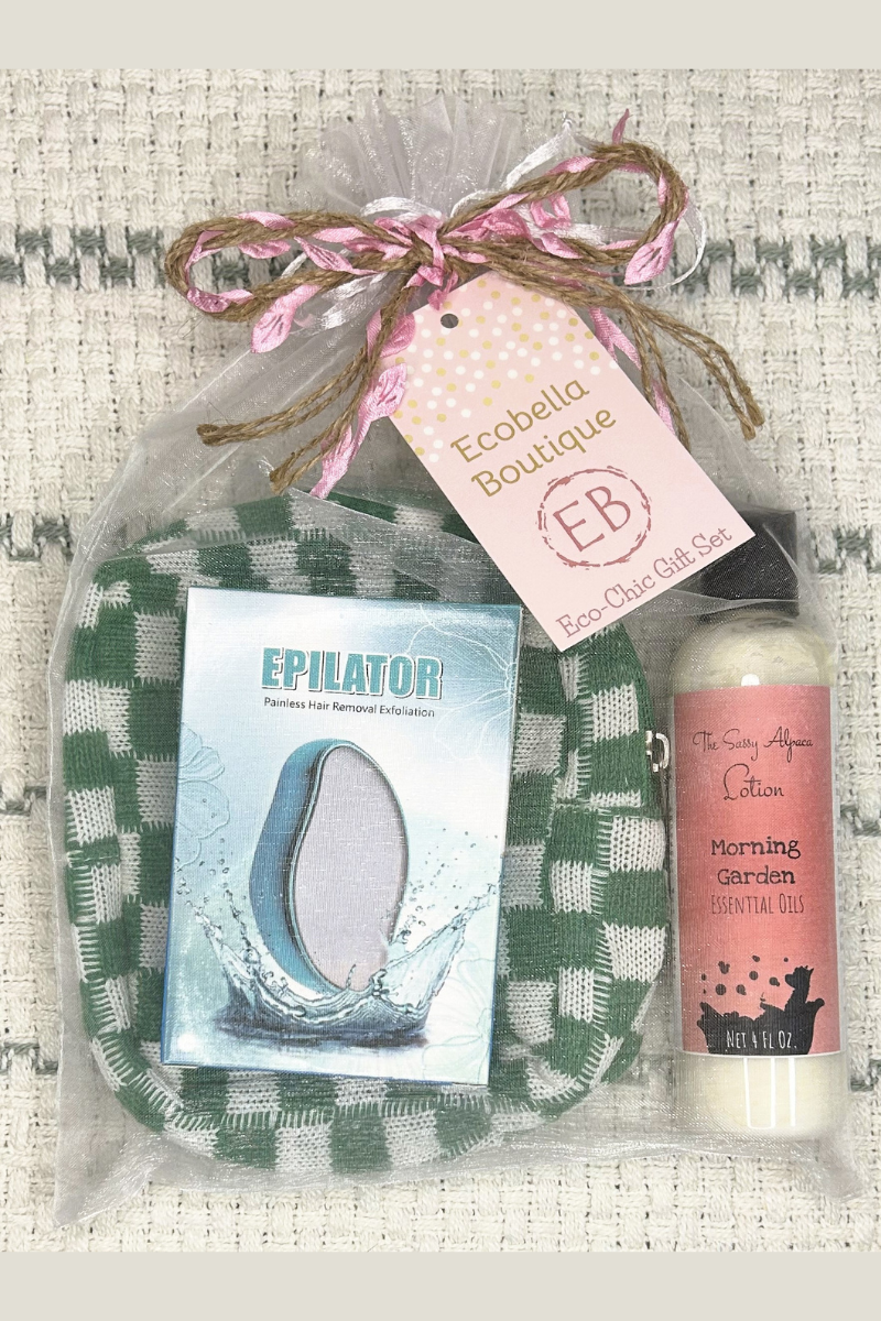 ecofriendly sustainable spa gift set with checkered travel bag, epilator (reusable hair remover), and handmade scented lotion made with essential oils