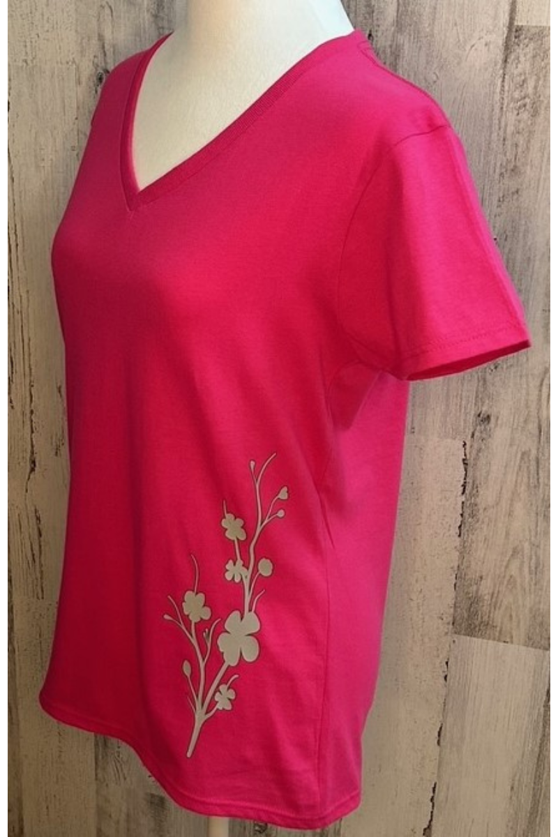 Gildan heliconia v-neck ladies tee with cherry blossom silhouette printed with eco-friendly ink.