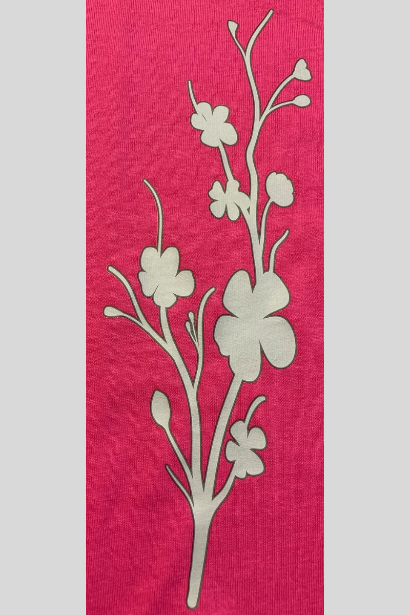 Gildan heliconia v-neck ladies tee with cherry blossom silhouette printed with eco-friendly ink.
