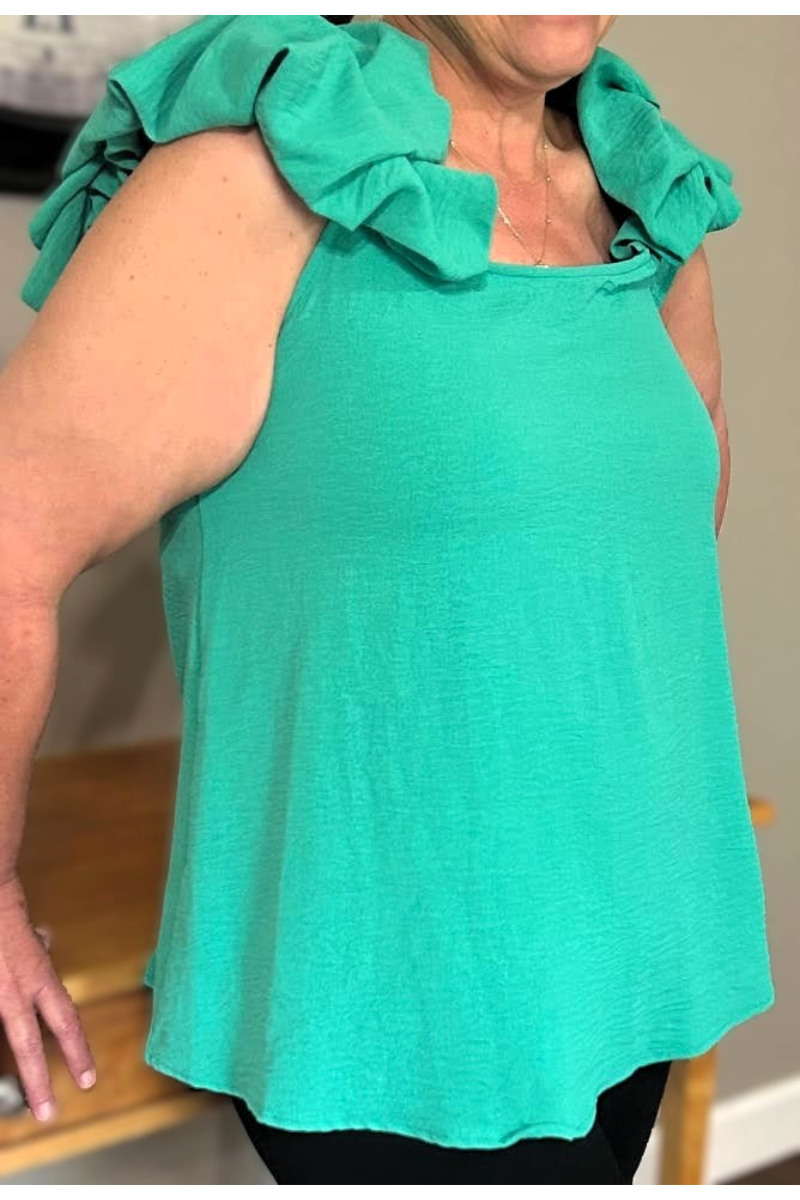 mint green blouse with balloon ruffle sleeves