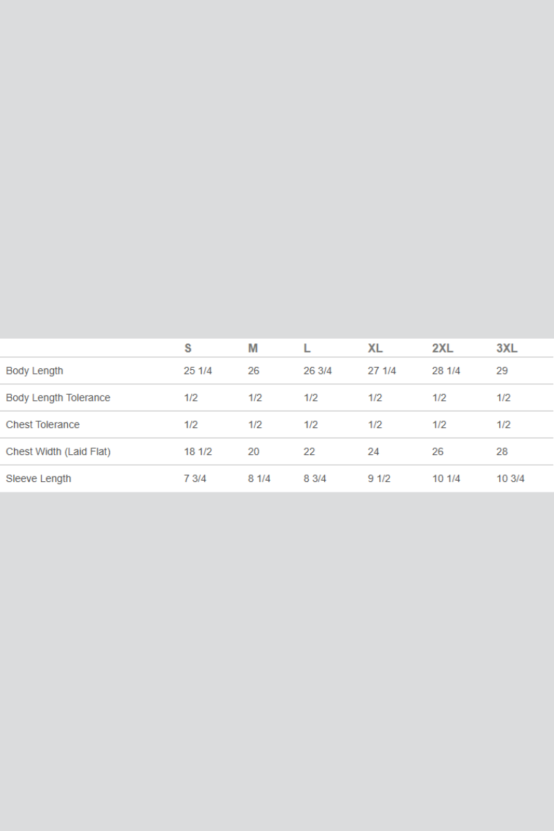 Measurement chart for clothing sizes on a gray background