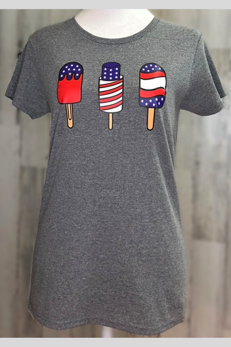 Eco-friendly Fourth of July ladies relaxed fit Gildan tee with popsicles design