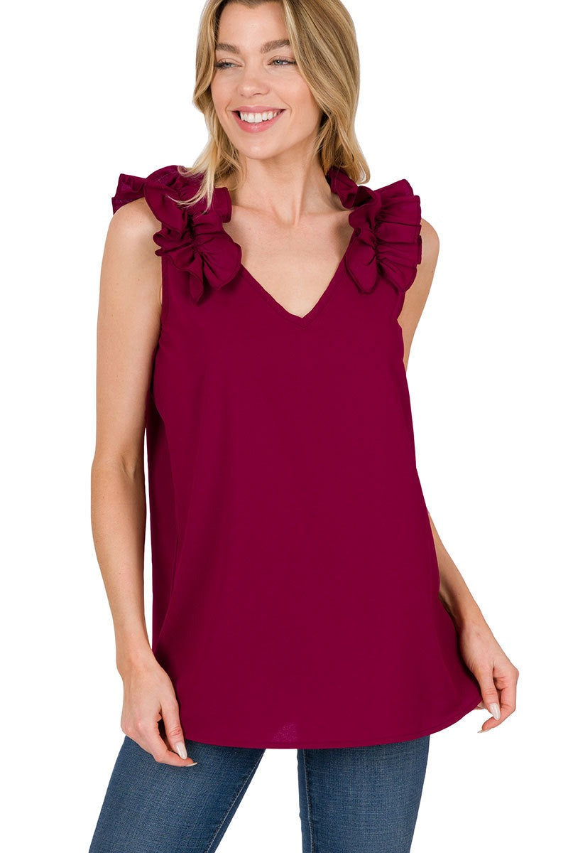 EcoVino Dobby Ruffle Sleeveless Top Ecobella Boutique
