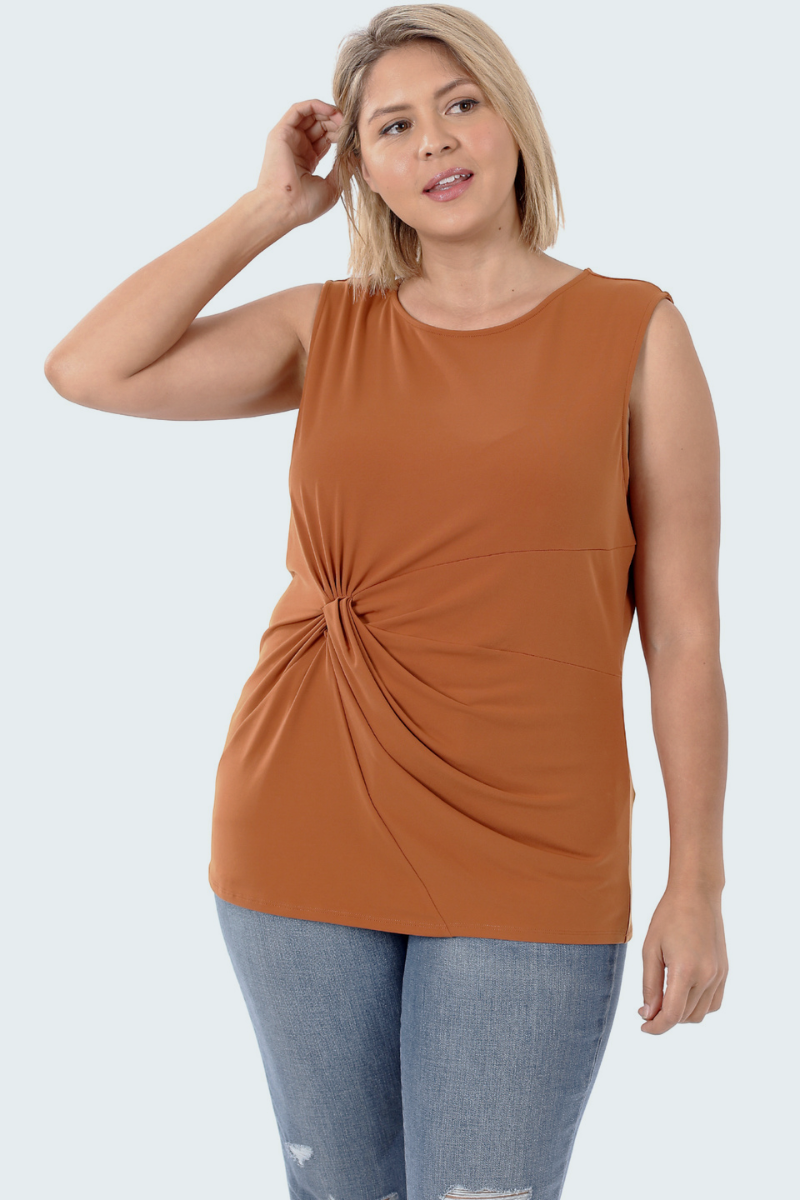 toasted almond sleeveless top with side knot made of ITY fabric