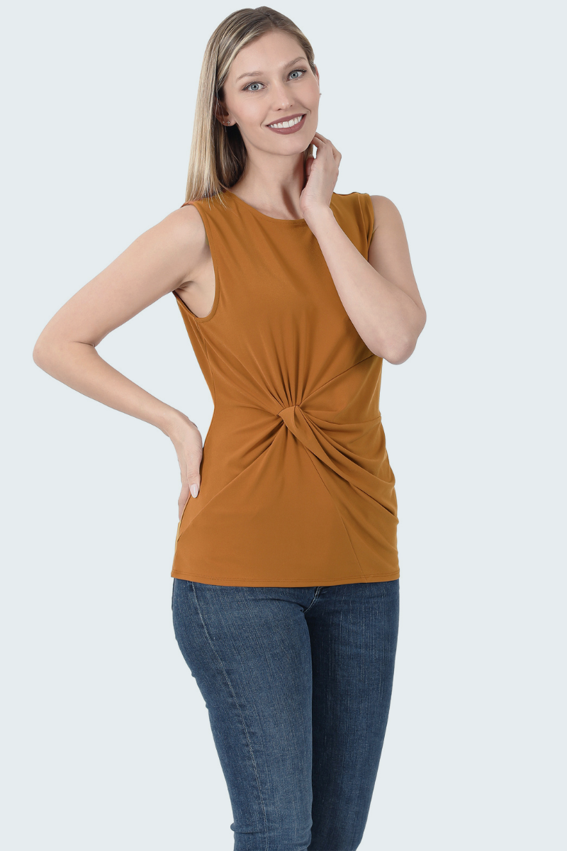 toasted almond sleeveless top with side knot made of ITY fabric