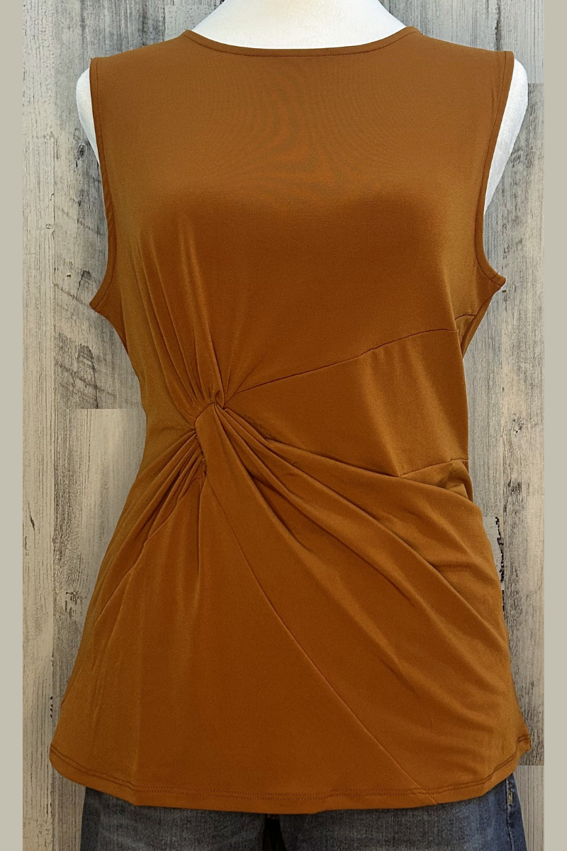 toasted almond sleeveless top with side knot made of ITY fabric