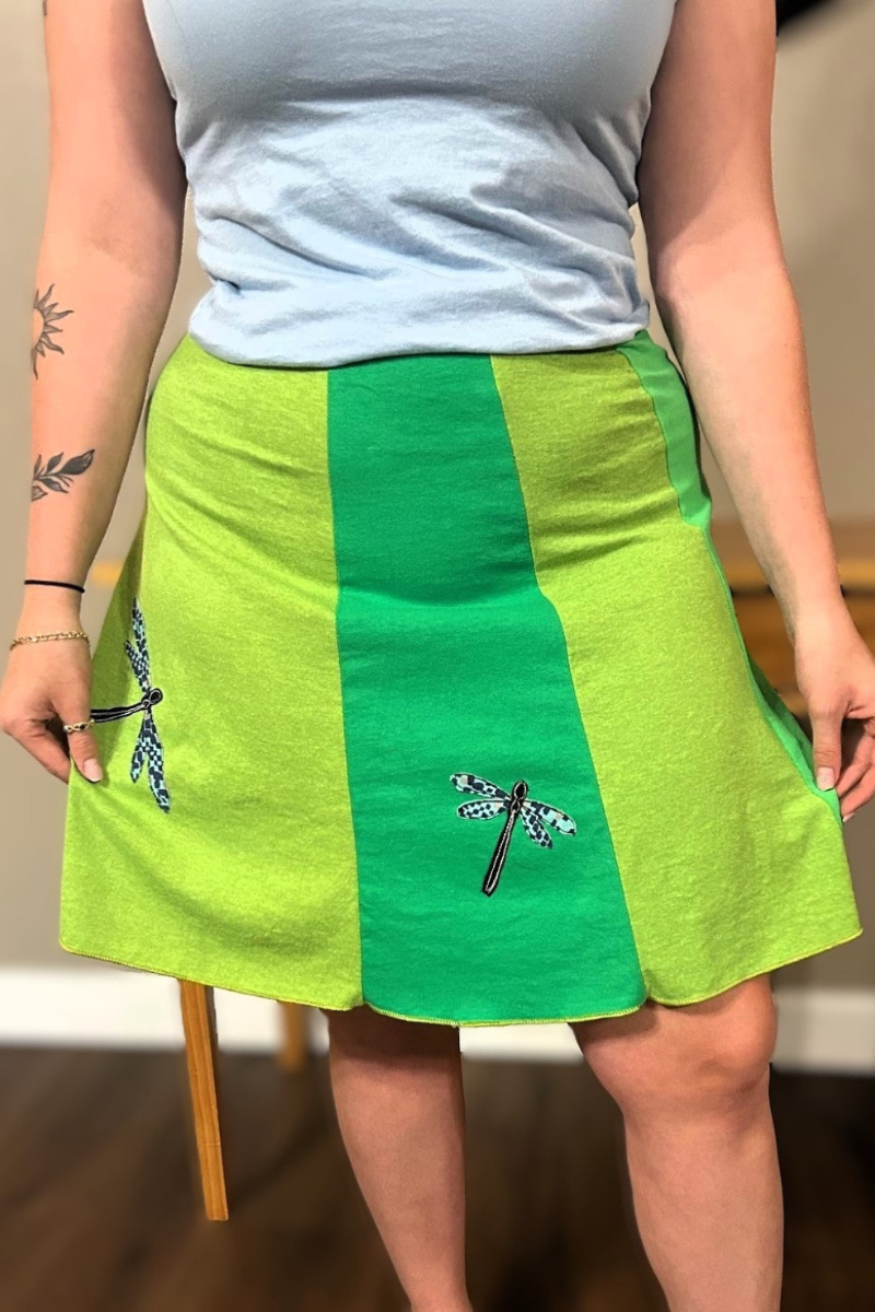 Upcycled cotton handmade dragonfly applique skirt in vibrant green colors with pocket.