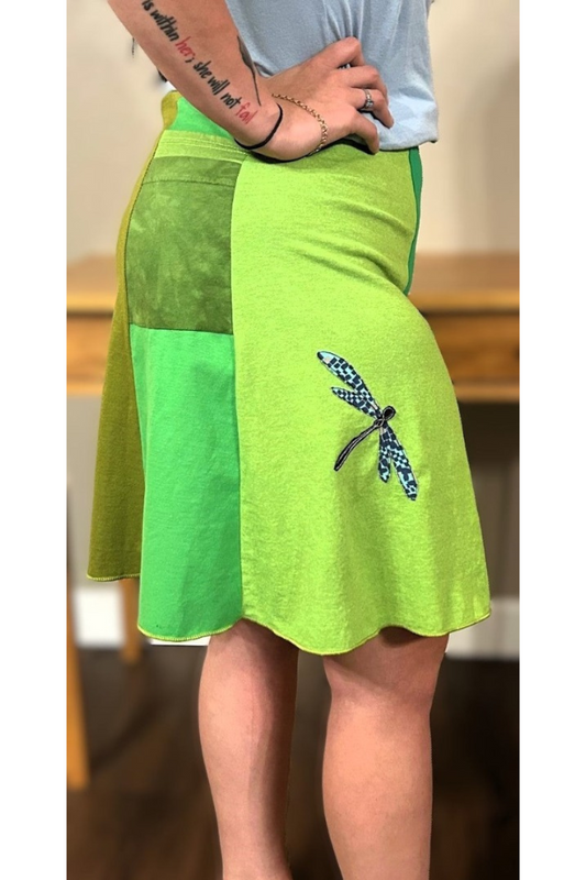 Upcycled cotton handmade dragonfly applique skirt in vibrant green colors with pocket.