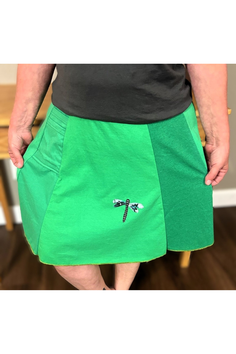 Upcycled cotton handmade dragonfly applique skirt in vibrant green colors with pocket.