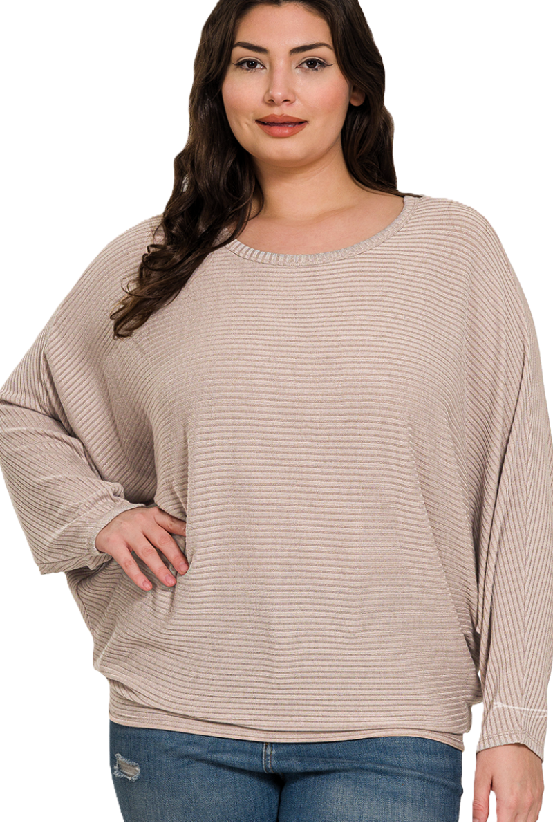 Spread your wings and fly with this batwing ribbed lightweight sweater in ash mocha!