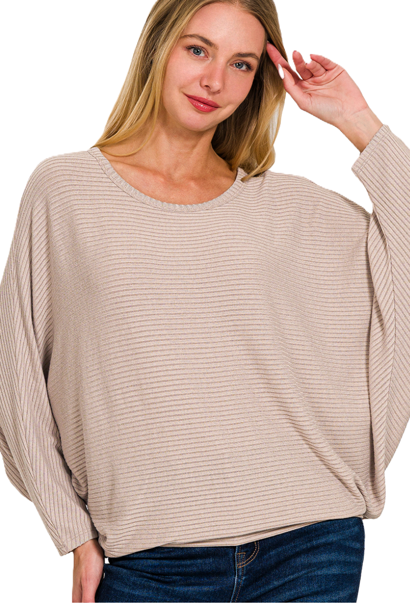 Spread your wings and fly with this batwing ribbed lightweight sweater in ash mocha!